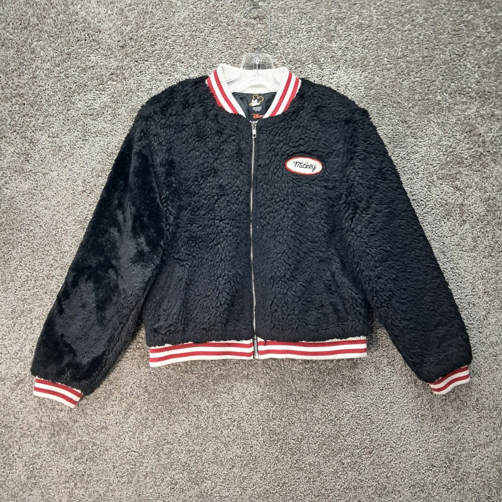Disney x Forever 21 Mickey Mouse Faux Fur Bomber Jacket Black Red Womens Small